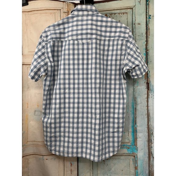 Lucky Brand Western Button Down Pearl Snap Short Sleeve Medium Blue White Plaid - Picture 4 of 7